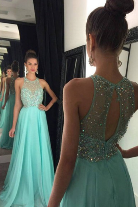 Prom Dress,modest Prom Dress,a-line Prom Dresses 2017 O-neck Sleeveless Backless Sweep Train Chiffon With Crystal Long Party Dress Sexy Formal