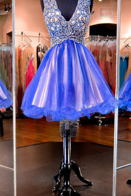 Sparkle Royal Blue Prom Dresses,v-neck Prom Dresses,short Prom Dresses,junior Prom Dresses,tulle Prom Dresses,sexy Backless Homecoming