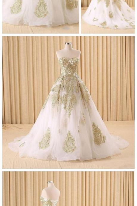 Elegant White And Gold Lace Prom Dresses,ball Gown Evening Dresses,a-line Evening Dresses,sweetheart Long Prom Dresses,evening Dresses