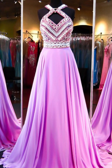 Pretty Fashion Prom Dresses,backless Evening Party Gown,chiffon Beading Prom Dresses,floor-length Evening Dresses