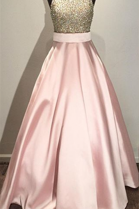 Pink Prom Dresses,halter Prom Dress Open Back,beaded Ball Gowns,women's Formal Evening Gown Dresses