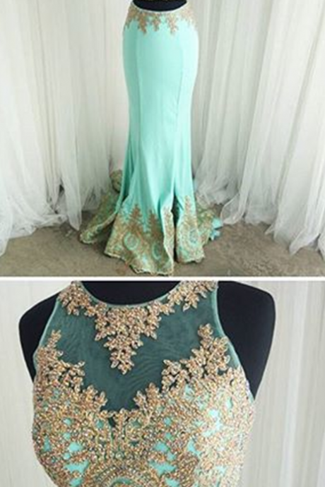 Mint Prom Dresses Gold Lace Appliques Mermaid Formal Evening Gowns Elegant Two Piece Prom Dresses