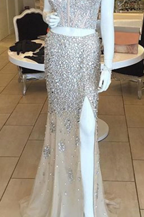 New Arrival Prom Dress,Modest Prom Dress,Two Piece Crystal Mermaid Prom Dresses ,Pageant Evening Gowns Long With Slit