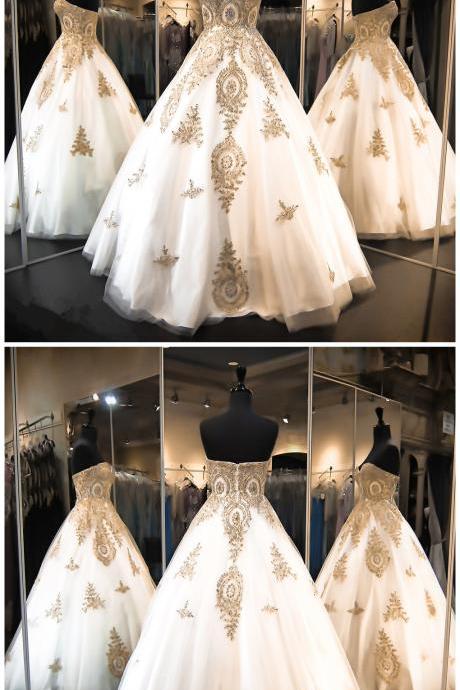 Prom Dress,modest Prom Dress,gold Lace Appliques Wedding Dresses,ball Gowns Wedding Dress,princess Wedding Dress,princess Bridal Dress,bride