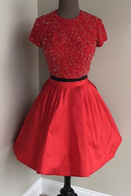 Two Piece Homecoming Dresses,short Sleeves Prom Dress,beaded Cocktail Dress,red Homecoming Dress,sparkly Dress,short Prom Dress 2017