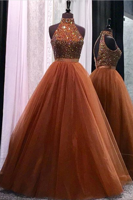Prom Dress,modest Prom Dress,high Neck Open Back Coffee Tulle Ball Gowns Prom Dresses Crystal Beaded 2017 Glitter Gown