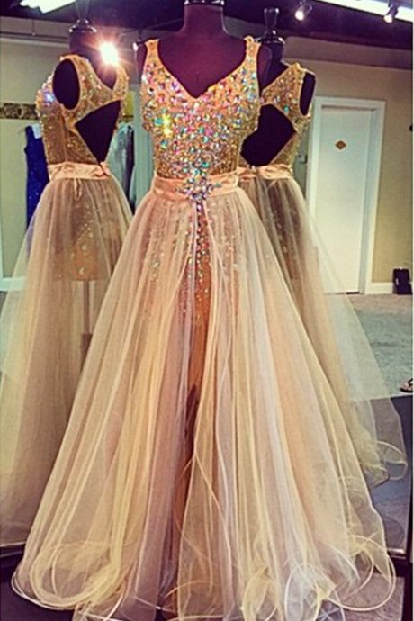 Prom Dress,modest Prom Dress,crystal Beaded V Neck Champagne Prom Dresses With Detachable Skirts