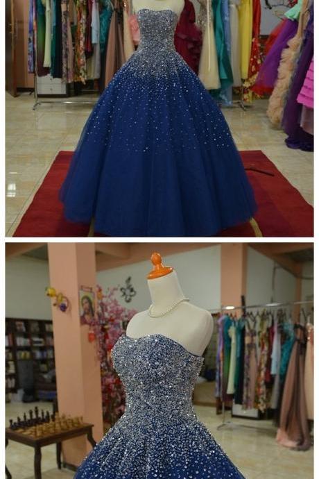 Prom Dress,modest Prom Dress,sparkly Beaded Sweetheart Navy Blue Ball Gowns Prom Dresses 2017