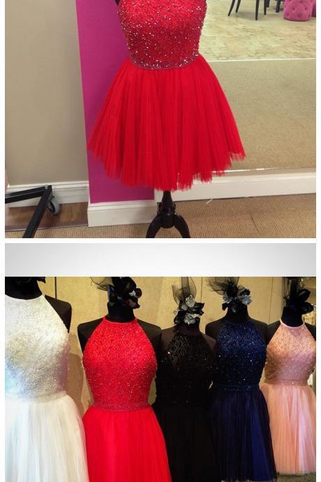 Homecoming Dresses,Elegant Lace Beaded Halter Pleated Tulle Prom Gowns Short Homecoming Dress 2017