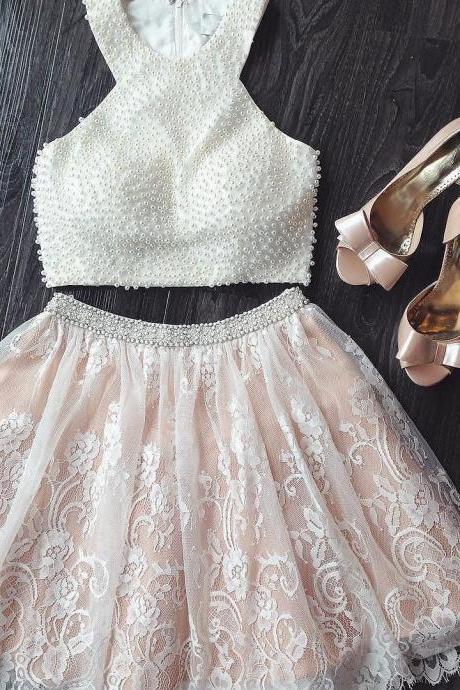 chic pearl beaded lace dresses,white homecoming dresses,two piece prom gowns,short prom dress 2017,women's party dress