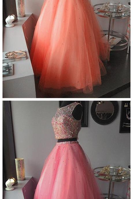 Prom Dress,modest Prom Dress,coral Pink Two Piece Ball Gowns Quinceanera Dresses With Crystal Beaded And Sequins