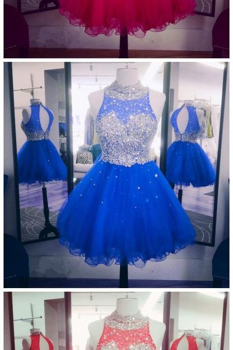 Homecoming Dresses,Elegant crystal beaded high neck open back short ruffles homecoming dresses 2017 mini ball gowns prom dress