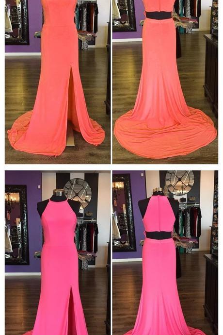 Prom Dress,modest Prom Dress,long Jersey Coral Pink Mermaid Prom Dresses With Slit 2017 Sexy