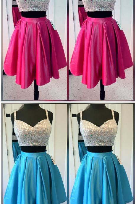 Homecoming Dresses,women's Party Dresses,short Satin Two Piece Homecoming Dresses With Sequin Top,sparkly Prom Gowns,short
