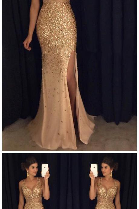sexy spaghetti Straps sweetheart long champagne crystal beaded mermaid evening dresses 2017 long prom gowns