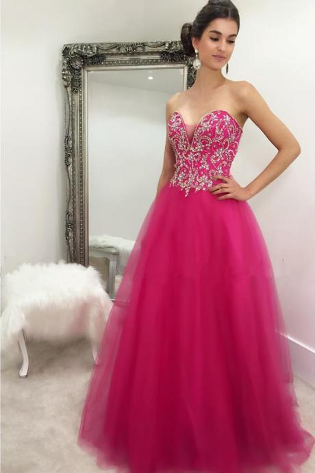 Arrival Prom Dress,modest Prom Dress,crystal Beaded Sweetheart Long Fuchsia Ball Gowns Prom Dresses 2017 Quinceanera Gowns