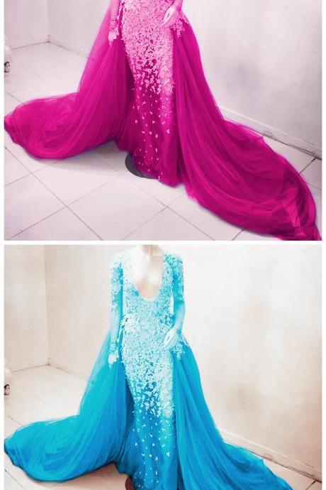 Prom Dress,modest Prom Dress,sexy Deep V Neck Long Sleeves See Through Mermaid Prom Dresses Whit Lace Appliques 2017