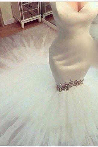 Satin Sweetheart Floor Length Tulle Mermaid Wedding Dress Featuring Beaded Embellishment 