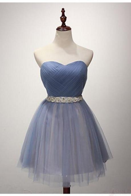 Short Tulle Homecoming Dress Featuring Ruched Sweetheart Bodice and Crystal Embellished Belt 
