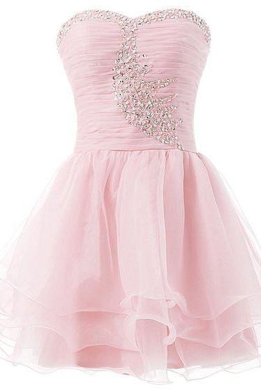 Pink Short Chiffon Homecoming Dress featuring Beaded Embellished Ruched Sweetheart Bodice 