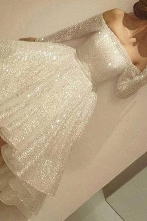 New Arrival Prom Dress,Sexy Prom Dress,Prom Dress,White sequins long sleeve short prom dress,homecoming dresses