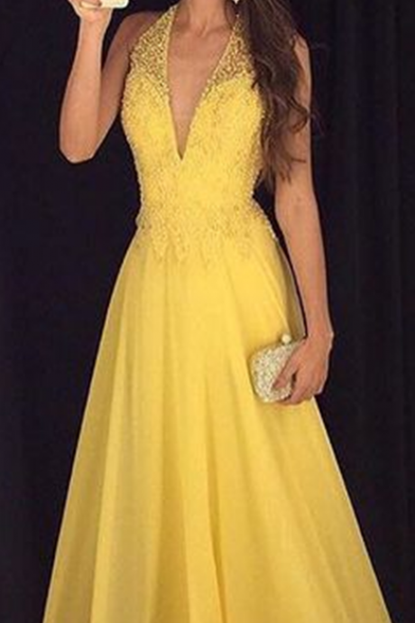 Prom Dresses,Backless Prom Gown,Open Back Evening Dress,Backless Prom Dress,Evening Gowns,Yellow Formal Dress