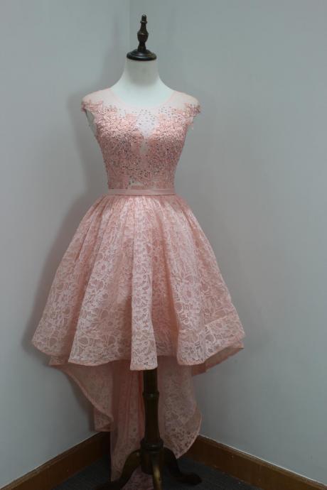 Pink Sheer Neck High Low Prom Dresses Long Elegant Lace Strapless Rhinestones Formal Gowns