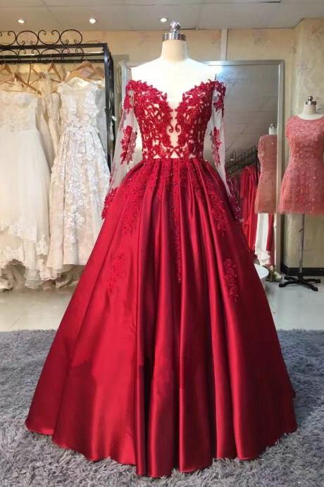 Burgundy Evening Dress 2017,evening Dresses,vintage Prom Dress Ball Gown,lace Appliqued Evening Gown,real Made Satin Prom Dresses,long Sleeve