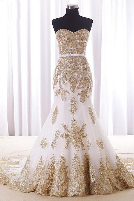 Real Wedding Dress,gold Lace Appliques Bridal Dresses,court Train Elegant Mermaid Wedding Dress