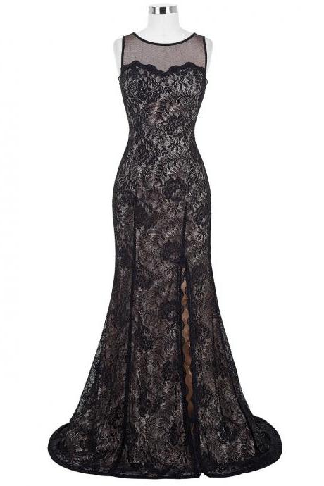 Black Lace Floor Length Trumpet Evening Dress Featuring Sweetheart Illusion Bodice, High Slit And Illusion Open Back
