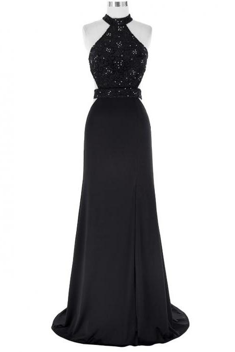 Black Floor Length Chiffon A-line Evening Dress Featuring Lace Appliqués Beaded Embellished High Neck Halter Bodice With Cutout And Open Back