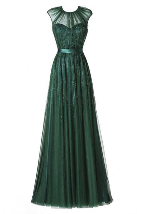 Prom Dress,glamorous Round Neck Floor-length Pleated Dark Green Prom Dress With Beading