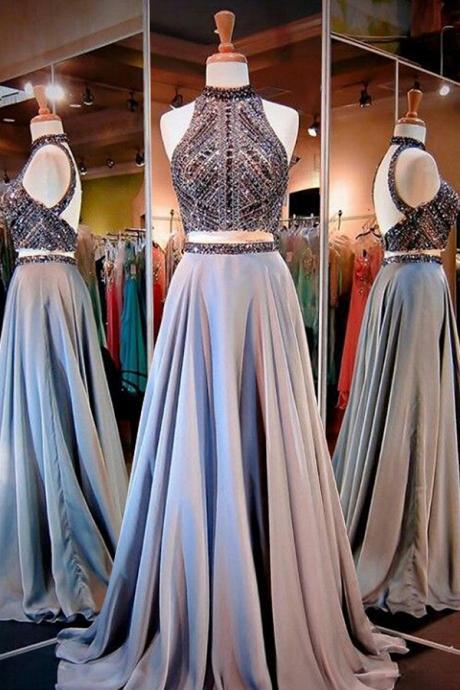 Prom Dress,glamorous Two Piece High Neck Open Back Long Prom Dress With Beading