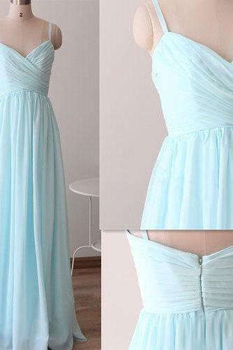 Baby Blue Chiffon Sweetheart Spaghetti Strap Long Bridesmaid Dress, Light Blue Prom Dresses, Blue Chiffon Party Dresses