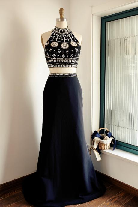 Black Satin Two-piece Halter Beaded Bodice Long Prom Dress, Black Sweep Train Prom Gown Evening Dress With Open Back