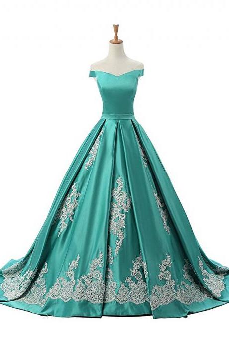Green Off The Shoulder A Line Prom Dress, Princess Prom Gown With Lace Appliques Prom Gowns