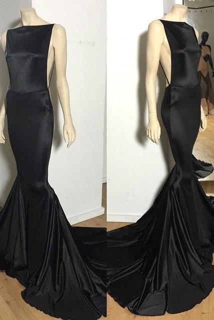 Black Sexy Long Open-back Mermaid Court-train Evening Dress Evening Dresses