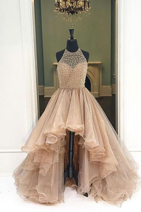 Champagne Organza Halter High Low A-line Long Dress,high Quality Prom Dress,modest Prom Dress,prom Gowns,party Dress,formal Dresses For Teens