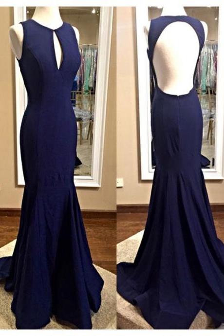 Navy Blue Mermaid Prom Dress, Long Evening Party Prom Dress,open Back Prom Dress