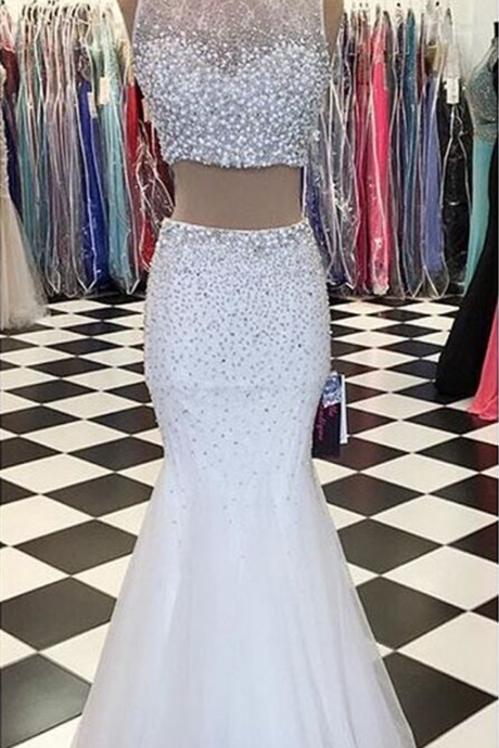 Sexy 2pc Prom Dress with Beads,Beading Prom Evening Party Dress,Luxury White Beads Prom Evening Party Gowns for Women