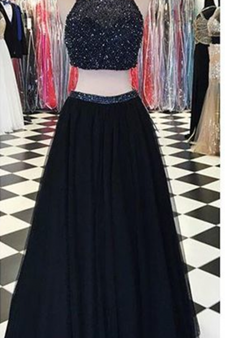Long Two Pieces Beaded Prom Dresses High Neck Black Tulle Evening Dresses Elegant A-line Formal Party Gowns