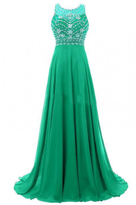 Green Beade Prom Dresses,a-line Chiffon Prom Dress