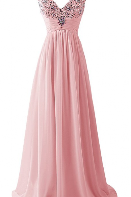 Long Prom Dress Ruched Chiffon Bridesmaid Evening Gowm With Beads