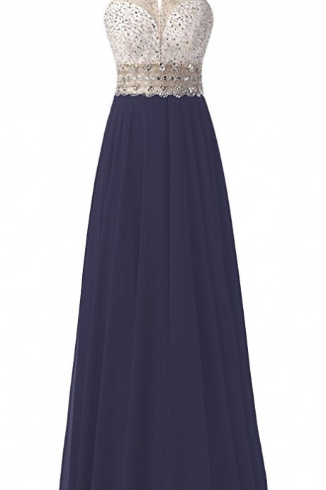 Long Prom Dress Scoop Chiffon Prom Dress Evening Gown With Beads