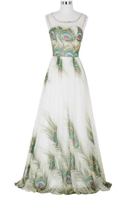 Evening Dresses Long Green Peacock Patterns Dress Chiffon Tank Beading Wedding Party Formal Gown Abendkleider 2017 Evening Dress