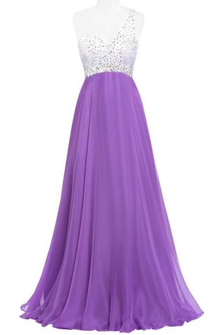 Custom Made Purple One-shoulder Crystal Beading And Sequin Long Chiffon Bridesmaid Dress