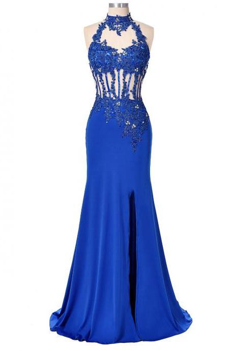 Sexy Backless Women Party Dress Evening Long Sequin Mermaid Prom Dresses Sleeve Jersey Royal Blue Bandage Dress Prom Gowns 