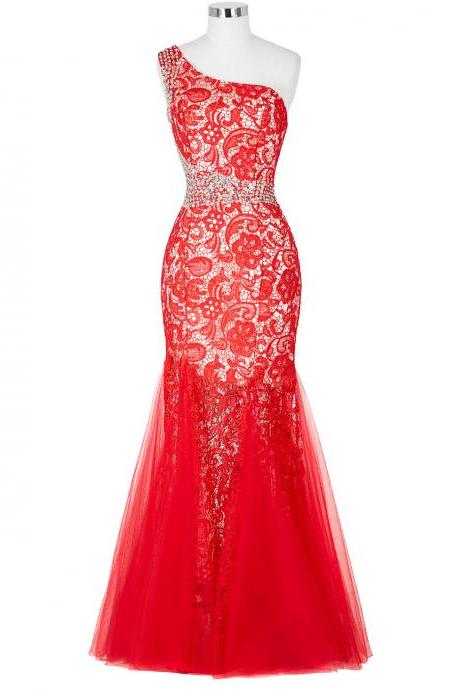 Custom Made Red One Shoulder Lace Mermaid Prom Dress With Tulle And Rhinestone Beading