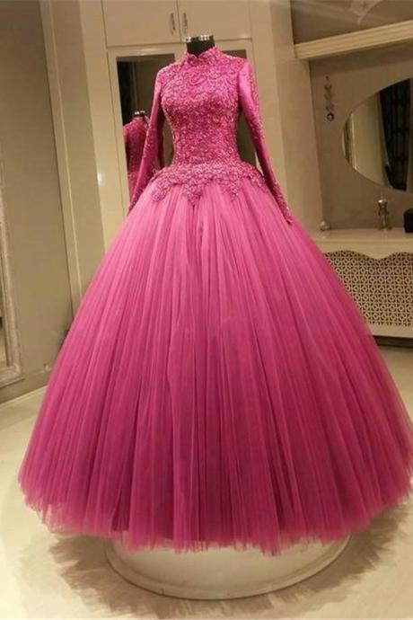 Prom Dress, Muslim Fuchsia Color Wedding Dresses A Line High Neck Long Sleeves Applique Lace Plus Size Bridal Gowns Real Picture,graduation