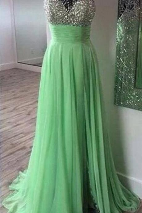 Prom Dresses,scoop Prom Gowns,long Chiffon Prom Dresses,mint Prom Dress,sexy Prom Dresses With Beadings,2017